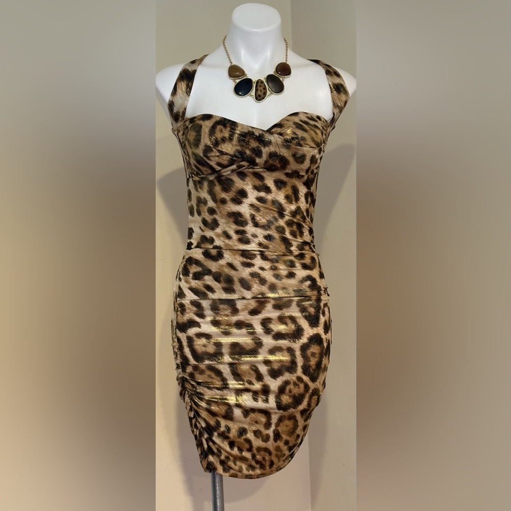 JANE UBA Brown Cream & Gold Shimmer Leopard Print Mini Dress .Criss Cross Sz S